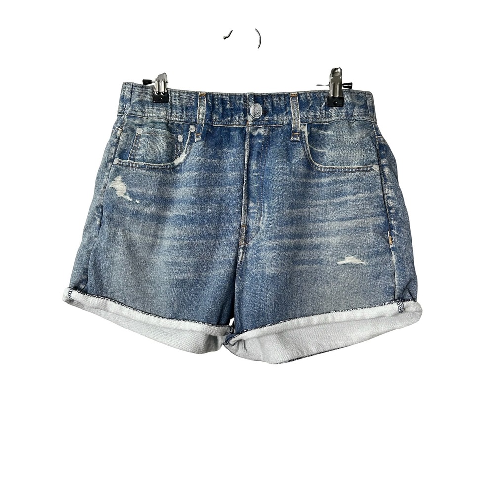 Rag & Bone Miramar Shorts Blue Denim Print Cotton Terry High Rise Distressed M